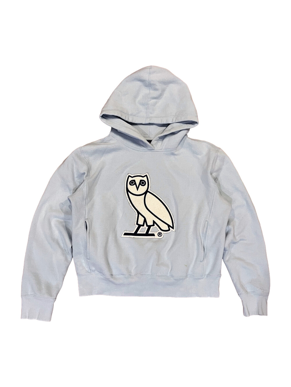OVO Men Baby Blue Hoodie Size L Felt Owl Logo Embroidered Pullover